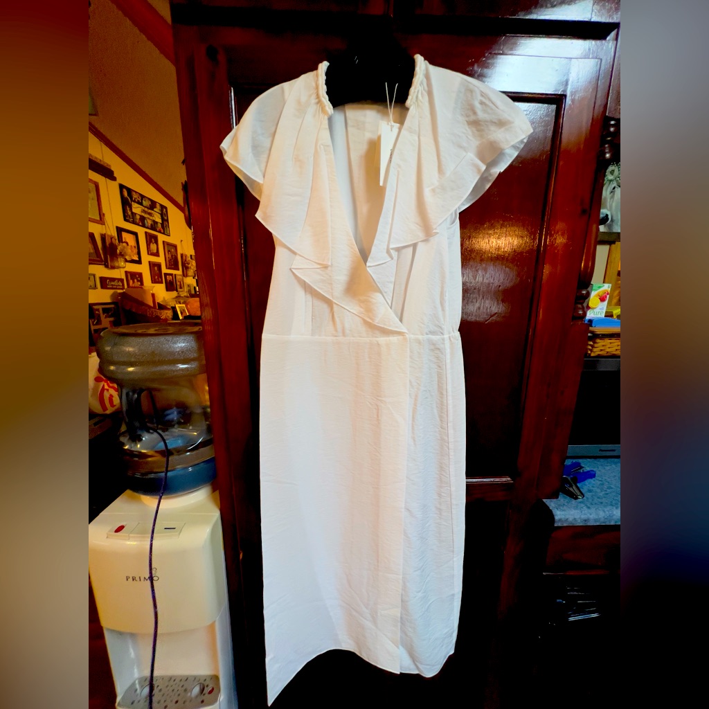 Women’s Sz Small Vince Braid Trim, Flutter Sleeve Wrapped Dress Optic White